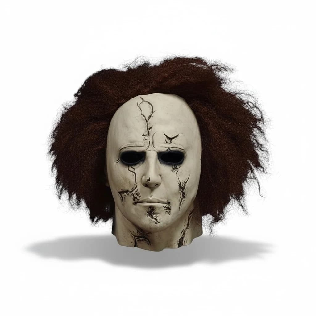 Máscara de rostro agrietado y cabello marrón